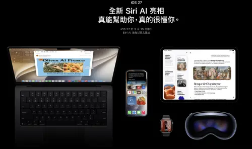 ▲蘋果全新Siri AI將隨iOS 27推出，並延伸至iPhone、iPad、Mac、Apple Watch及Apple Vision Pro等裝置，但首波僅支援英文。（圖／翻攝Apple官網）