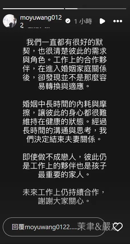 ▲王茉聿在今日發聲明，宣布與嚴之離婚。（圖／翻攝自王茉聿IG@moyuwang0122）