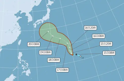 ▲關島附近的熱帶性低氣壓，明天成為杜鵑颱風後，路徑主要順著駛流場導引，以拋物線轉向日本南方海面移動。（圖／中央氣象署cwa.gov.tw）