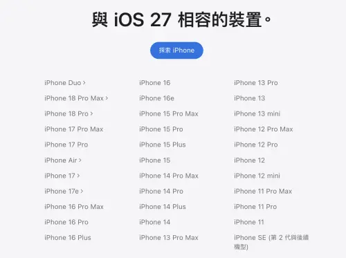 ▲iOS 27讓iPhone 11系列、SE2等舊機可以再續命一年。（圖／翻攝官網）