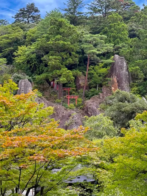 ▲峭壁上的紅色鳥居成亮點。（圖／記者蕭涵云攝）