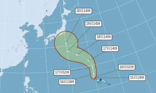 ▲關島附近的熱帶性低氣壓，預估周三上半天成為杜鵑颱風後，路徑先往西北，後續轉向日本南方海面移動。（圖／中央氣象署cwa.gov.tw）