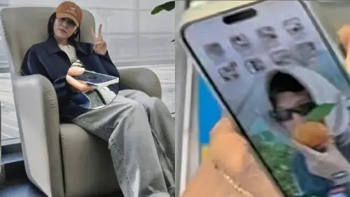▲網友將劉雯拿手機的照片放大，發現她的螢幕桌布使用井柏然的帥照。（圖／翻攝自微博）