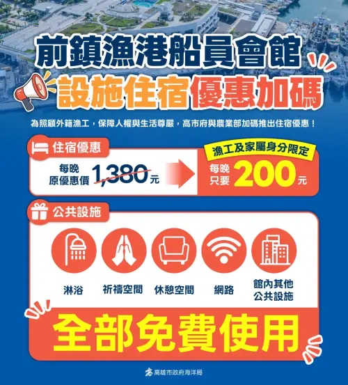 ▲ 外籍船員入住船員會館雙人房，每房800元住宿費將由中央與地方共同補助600元，船員僅需支付200元。（圖／高市府提供）