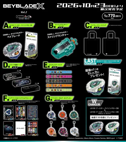 ▲「BEYBLADE X DMM くじ Vol.2」完整獎項公開，從限定陀螺、發射器到收納盒、吊飾都有。（圖／翻攝自 DMM くじ官方 X）