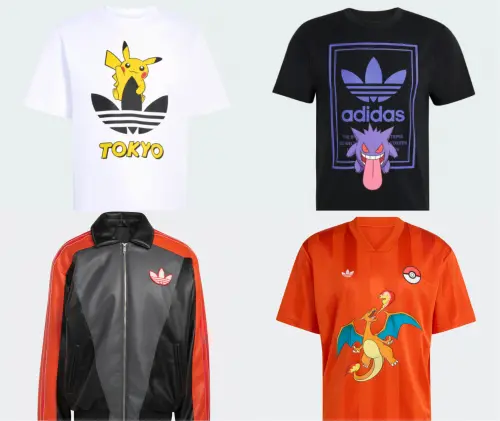 ▲寶可夢30週年和 adidas Originals 聯名服飾，包含皮革異材質拼接外套、遊戲球衣風格上衣、日本設計T恤等。（圖／adidas Japan 官網）