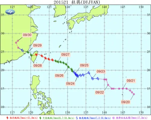 ▲2015年杜鵑颱風，在菲律賓東方海面生成，大方向朝西北移動，並以強颱之姿從宜蘭南澳登陸。（圖／中央氣象署cwa.gov.tw）