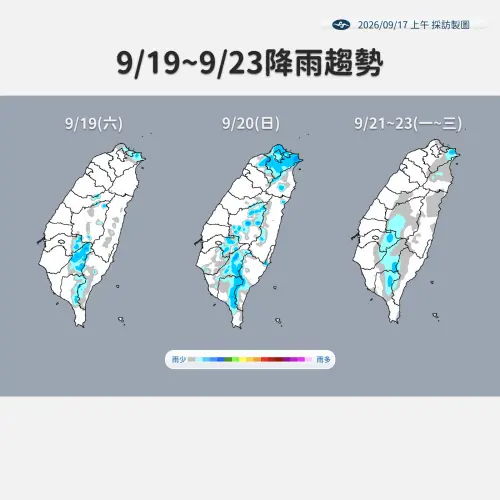▲19日至23日整體降雨仍以迎風面及午後山區為主，其中周日（20日）北部、東北部降雨較明顯。（圖／中央氣象署cwa.gov.tw）