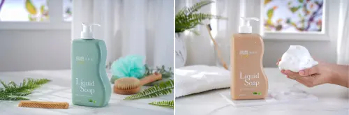 ▲「彎彎液態皂」除了擁有綿密好起泡的特色，洗起來更是「一沖即淨」！左圖綠瓶「輕盈07晨曦」是有朝氣的白麝香；右圖棕瓶為「活水03潮汐」則是經典令人放鬆舒服的花香。