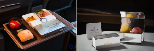 ▲機上餐點視覺與味蕾雙重升級！熱餐鋁箔紙呈現前衛太空金屬質感；頭等艙更攜手頂級法式甜點 Pierre Hermé Paris，推出全新馬卡龍迎賓禮盒。（圖／品牌提供）