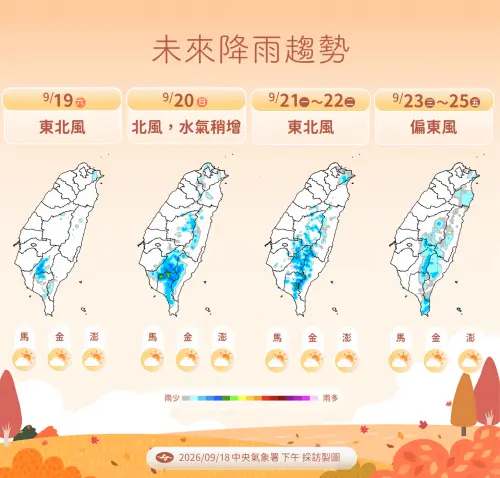 ▲周日水氣稍微增加，迎風面有雨，午後南部降雨機率較高。（圖／中央氣象署cwa.gov.tw）