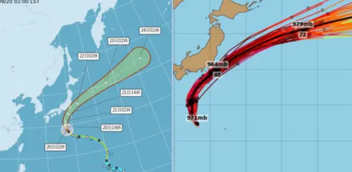 ▲杜鵑颱風動向，目前在日本南方海面，逐漸轉北、再轉東北，延續大迴轉的路徑，今、明（20、21日）兩天暴風圈仍將為日本關東帶來豪雨及強風的威脅，若有相關行程需注意。（圖/洩天機教室）