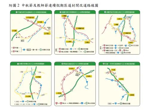 ▲中秋節及教師節連續假期，國道匝道封閉改道路線圖。（圖／交通部高公局提供）