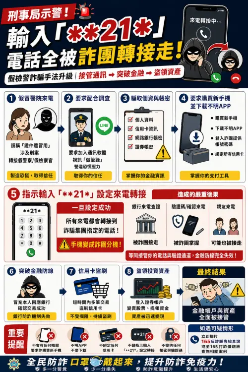 ▲警方強調，「**21*」這個代碼的功能是設定來電轉接，一旦設定完成，被害人的手機來電將全面被轉往詐騙集團控制的門號。（圖／內政部刑事局）