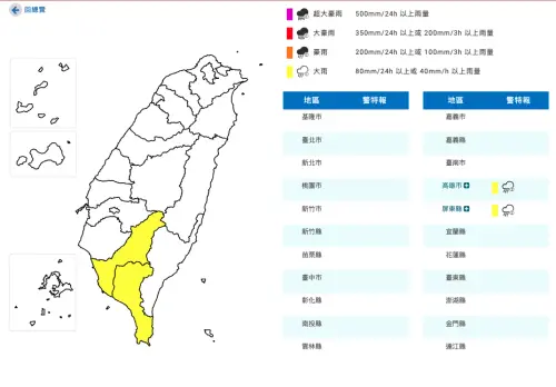 ▲氣象署今（21）日針對高雄、屏東發布大雨特報，提醒慎防短延時強降雨、雷擊及強陣風，山區注意坍方落石。（圖／中央氣象署cwa.gov.tw/）