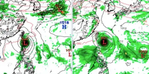 ▲歐洲、美國模式模擬顯示，歐洲下周一20時模擬熱帶系統已進入巴士海峽（左）；美國下周二20時模擬才將進入巴士海峽(右)，強度及動向皆有顯著差異，尚待持續觀察。(圖／tropical tidbits)