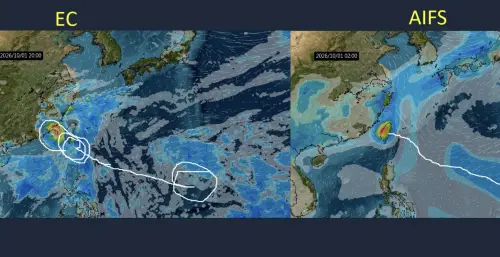 ▲歐洲傳統模式（左）、 AI 模式（右）針對舒力基颱風生成後路徑，預測較為分歧，不過都會影響台灣。（圖／賈新興提供）