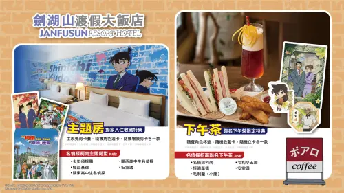 ▲劍湖山渡假大飯店推出5款《名偵探柯南》主題房，另有聯名下午茶及限定特典。（圖／曼迪提供）