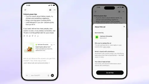 ▲ChatGPT手機版廣告呈現於回答下方，並標示贊助內容，點擊可查看廣告說明或切換無廣告方案。（圖／OpenAI提供