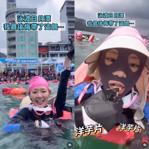 ▲小映戴著遮陽帽、臉基尼和成套游泳裝備，飄在水中大嗑手上的一大包洋芋片。（圖／小映 Ying IG＠yingcih_7）