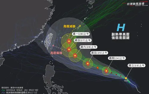 ▲舒力基颱風生成後，路徑還有許多不確定性，尤其歐洲傳統模式認為會登陸台灣，AI模式則預測在台灣東南部海面北轉。（圖／台灣颱風論壇｜天氣特急）