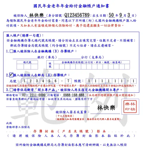 ▲勞保局會在民眾滿65歲前1個月主動寄發金融帳戶通知書，填寫本人金融帳戶寄回即可按月領取。圖為通知書範例。（圖／勞保局提供）