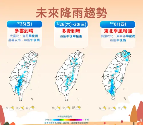 ▲未來一周包括中秋連假，全台多雲到晴，但下周開工後，東方海域可能會有颱風接近。（圖／中央氣象署cwa.gov.tw）