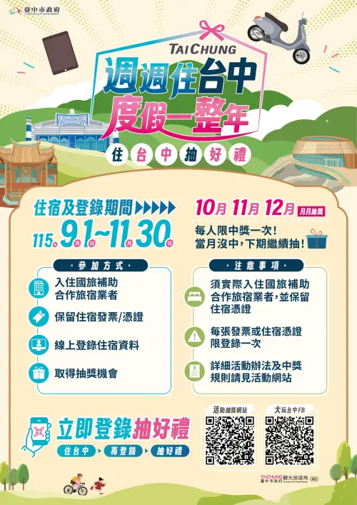 ▲台中市加碼推出「週週住台中，度假一整年」抽獎活動，即日起至11月30日開放登錄，（圖／觀旅局提供）