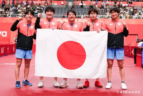▲日本摘下睽違60連來在亞運會的首面桌球男團金牌。（圖／名古屋亞運提供）