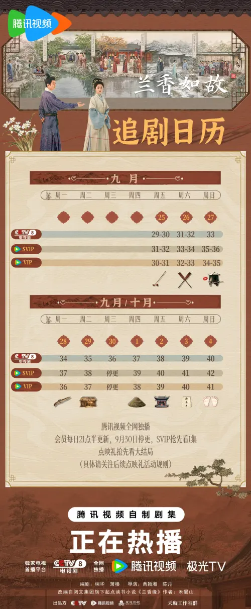 ▲《蘭香如故》公開了最新追劇日曆，每天更新2集將更改為1集，並將一路播到大結局，不用再分上下兩季。（圖／翻攝自微博@電視劇蘭香如故）