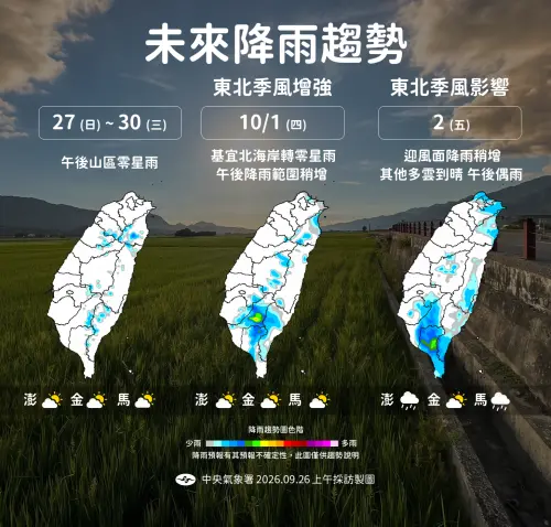 ▲下周四受到東北季風影響，迎風面的基隆、宜蘭北海岸有零星雨勢。（圖／中央氣象署cwa.gov.tw）