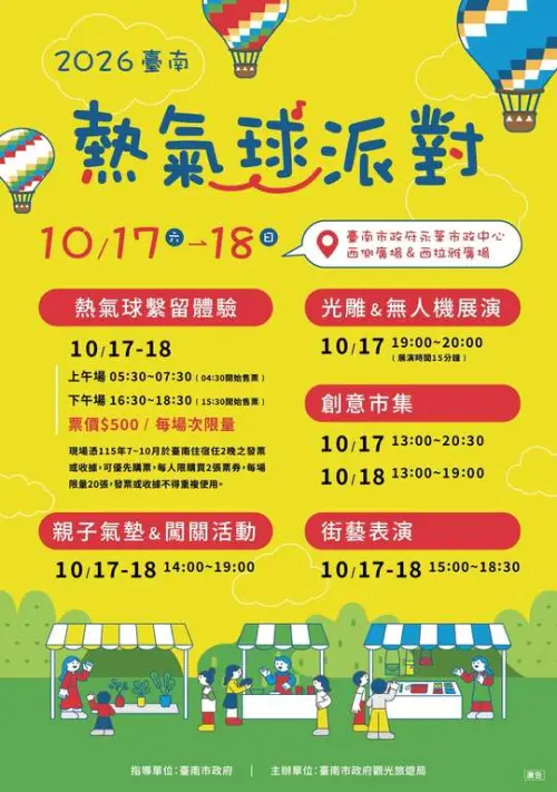 ▲台南熱氣球派對日前因雨而延期，現公布將於10月17、18日重新舉辦。（圖／台南市政府提供）