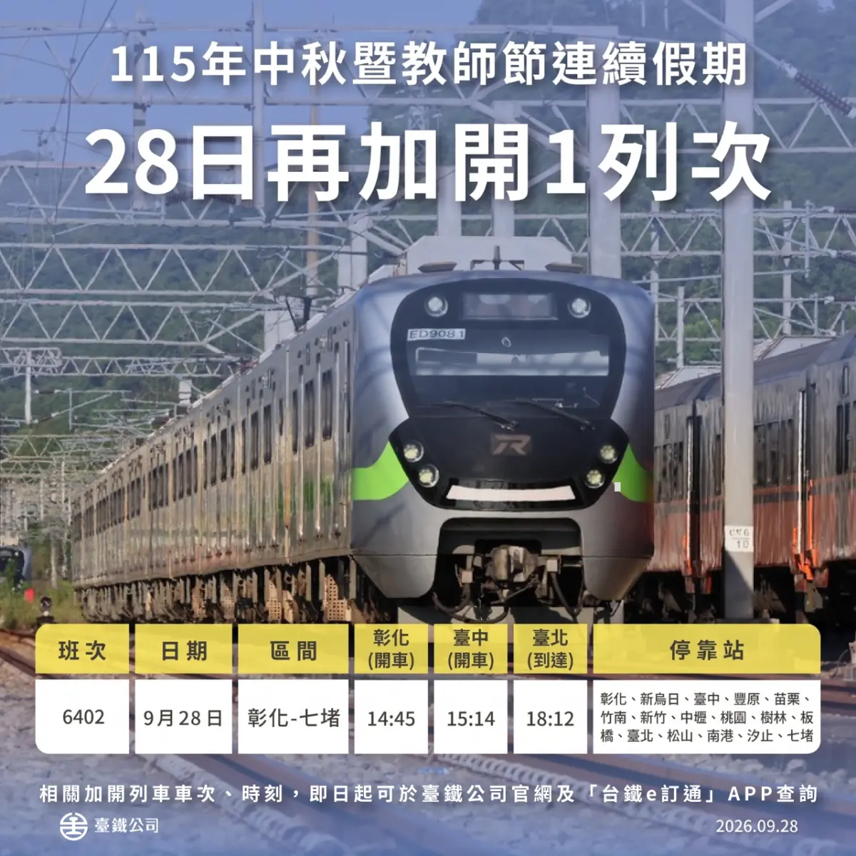 因應中秋連假收假運量　台鐵： 28日加開區間快車
