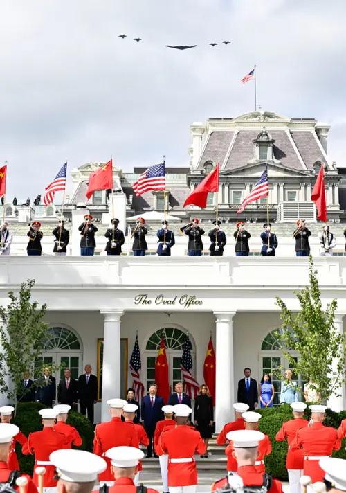 US President Donald Trump welcomes Chinese President Xi Jinping with high-level honors, including a military ceremony. (Ministry of Foreign Affairs PRC)