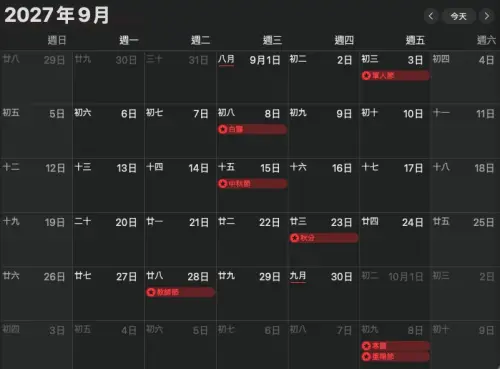 ▲明年的中秋節、教師節都沒有連假，連同2028年的中秋節也沒有連假可以放，連續兩年都是點放一天。（圖/記者張嘉哲翻攝）