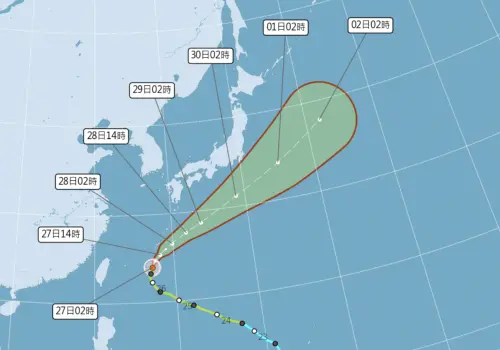 ▲中度颱風舒力基今天將掠過琉球那霸以南海域後，持續向東北方向往日本南方海面移動。（圖／中央氣象署cwa.gov.tw）