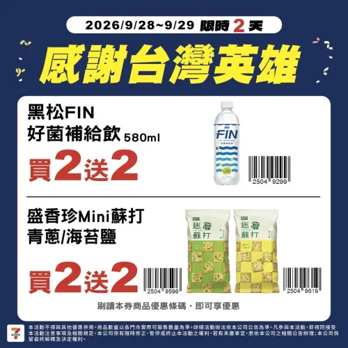 ▲黑松FIN好菌補給飲、蘇打餅乾買2送2。（圖／業者提供）
