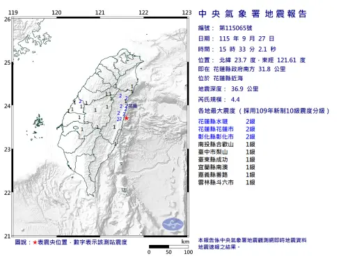 地震速報／不是頭暈！15:33花蓮近海規模4.4地震　全台8縣市有感