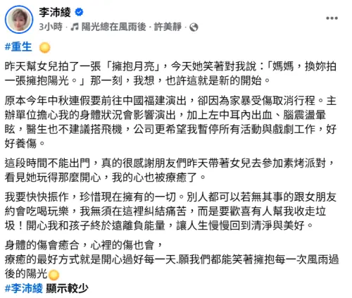 ▲李沛綾發出擁抱陽光照片宣告重生，還透露因家暴而導致中耳內出血、腦震盪暈眩。（圖／翻攝自李沛綾FB）