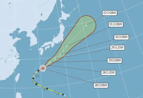 ▲舒力基颱風路徑往北，預期會沿著日本近海通過，替東京、大阪等地帶來降雨。（圖／中央氣象署cwa.gov.tw）