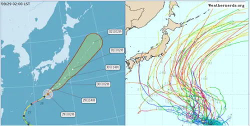 ▲舒力基（左圖）在南方海面，持續減弱中，另外，關島東方熱帶系統醞釀中（右圖），有機會在周五生成「彩雲」颱風。（圖／翻攝自氣象應用推廣基金會）