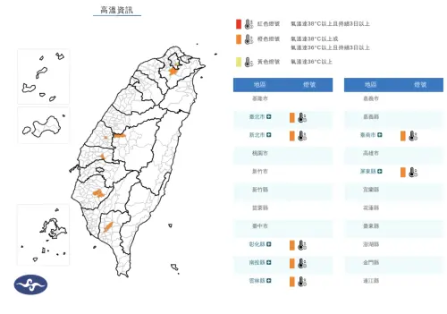 ▲中央氣象署針對雙北、彰化、南投、雲林、台南及屏東7縣市發布高溫橙色燈號，有連續飆36度高溫機率。（圖／中央氣象署，cwa.gov.tw）