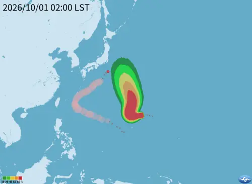 ▲氣象署暴風圈機率圖顯示，彩雲颱風路徑將偏北朝日本東南方海面推進，對台灣並無直接影響。（圖／氣象署提供，cwa.gov.tw）