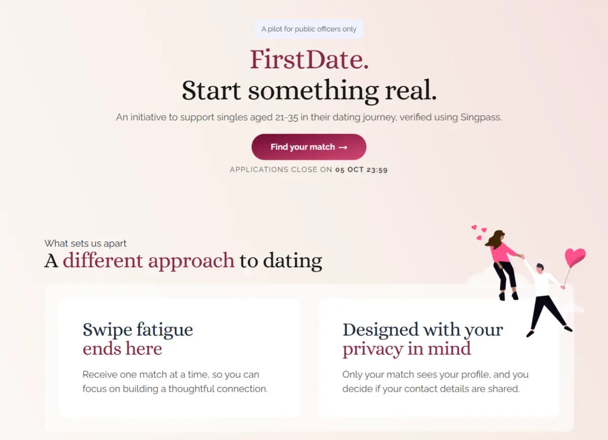 ▲新加坡政府科技局推出配對試驗計畫「FirstDate」，鎖定21至35歲的公務員，試著透過演算法，幫單身者尋找合適對象。（圖／擷取自FirstDate官網）
