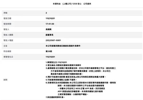 ▲安心食品發布重大訊息說明，個資外洩事件源於委外廠商平台遭不當存取，已要求修補且對財務無重大影響。（圖／翻攝自公開資訊觀測站）