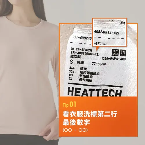 ▲▼查看UNIQLO發熱衣製造日期，可先找尋衣服洗標第二行最後數字（XX-XX），其中括弧中前面第一組數字即代表衣服生產年份與季節（圖／UNIQLO臉書）