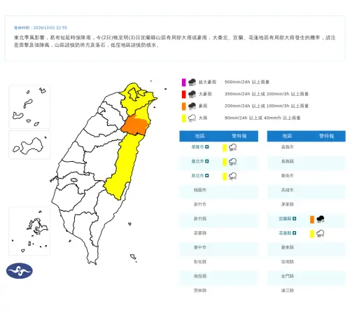 ▲受東北季風與水氣影響，氣象署發布豪大雨特報，宜蘭山區慎防局部豪雨，大臺北、宜蘭與花蓮防局部大雨。（圖／氣象署提供，cwa.gov.tw）