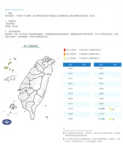 ▲氣象署發布強風特報（黃色燈號），澎湖縣與連江縣今日白天需防範 8 級以上強陣風。（圖／氣象署提供，cwa.gov.tw）
