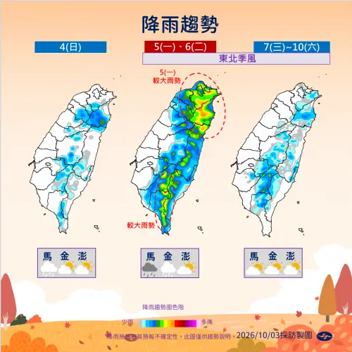 ▲下周一、下周二水氣增加，東北部、南部及山區要留意較大雨勢。（圖／中央氣象署cwa.gov.tw）