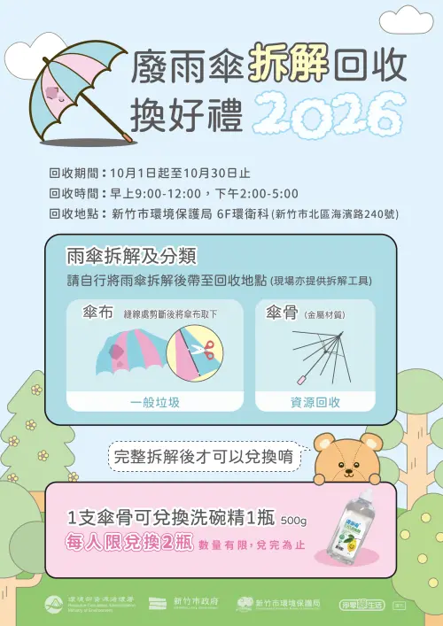 ▲新竹市環保局發布廢雨傘拆解回收圖卡，明確標示傘布與金屬傘骨的分類拆解步驟及兌換規則。（圖／新竹市政府提供）